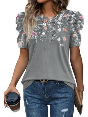 👑 Womens Floral Grey Puff Sleeve Summer Crew Neck Casual Dressy T Shirt Tops
